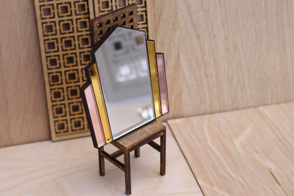 Art Deco Dollhouse Mirror: 1/12 Scale Tinted Fan Mirror with black border