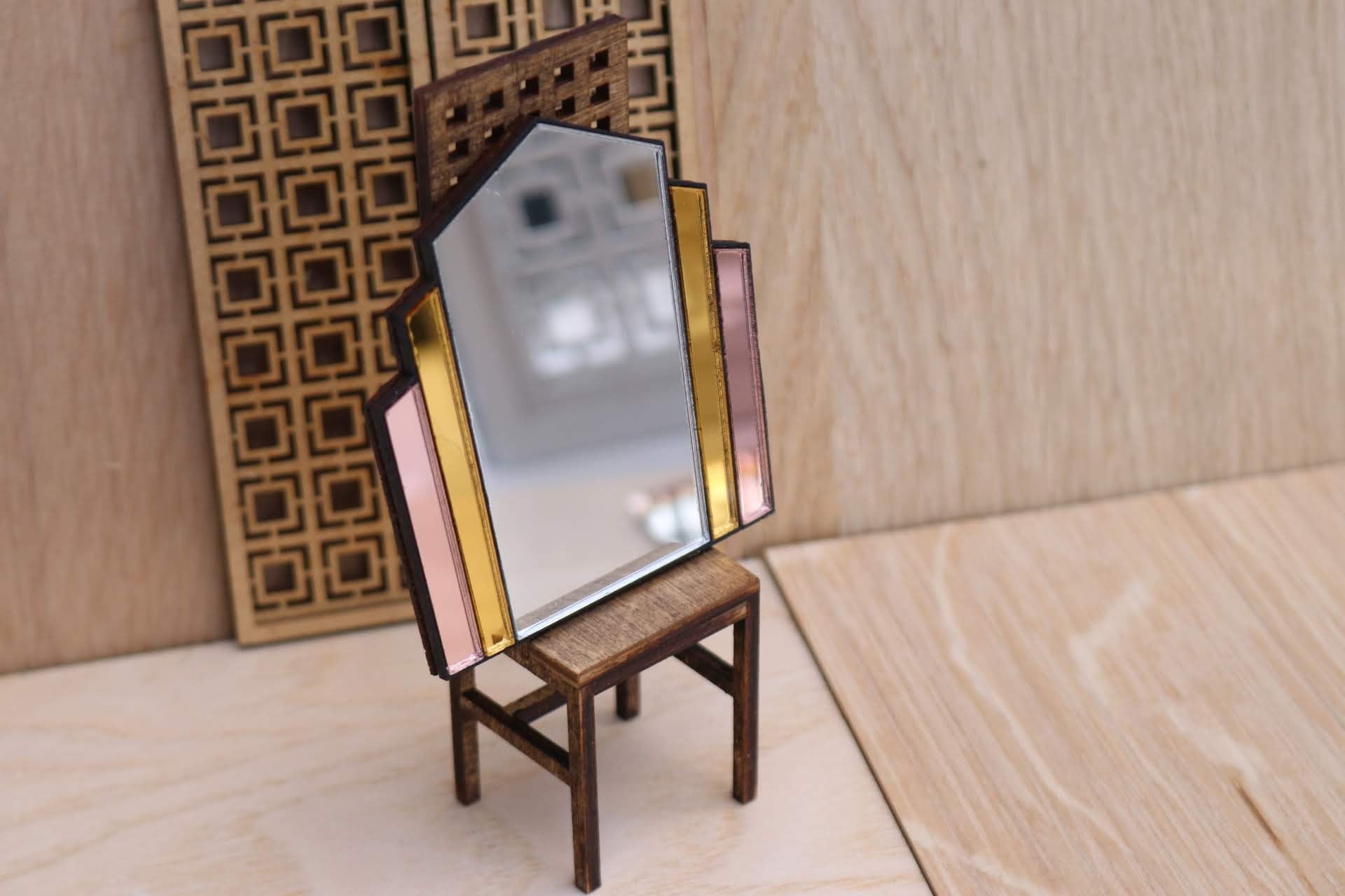 Art Deco Dollhouse Mirror: 1/12 Scale Tinted Fan Mirror with black border