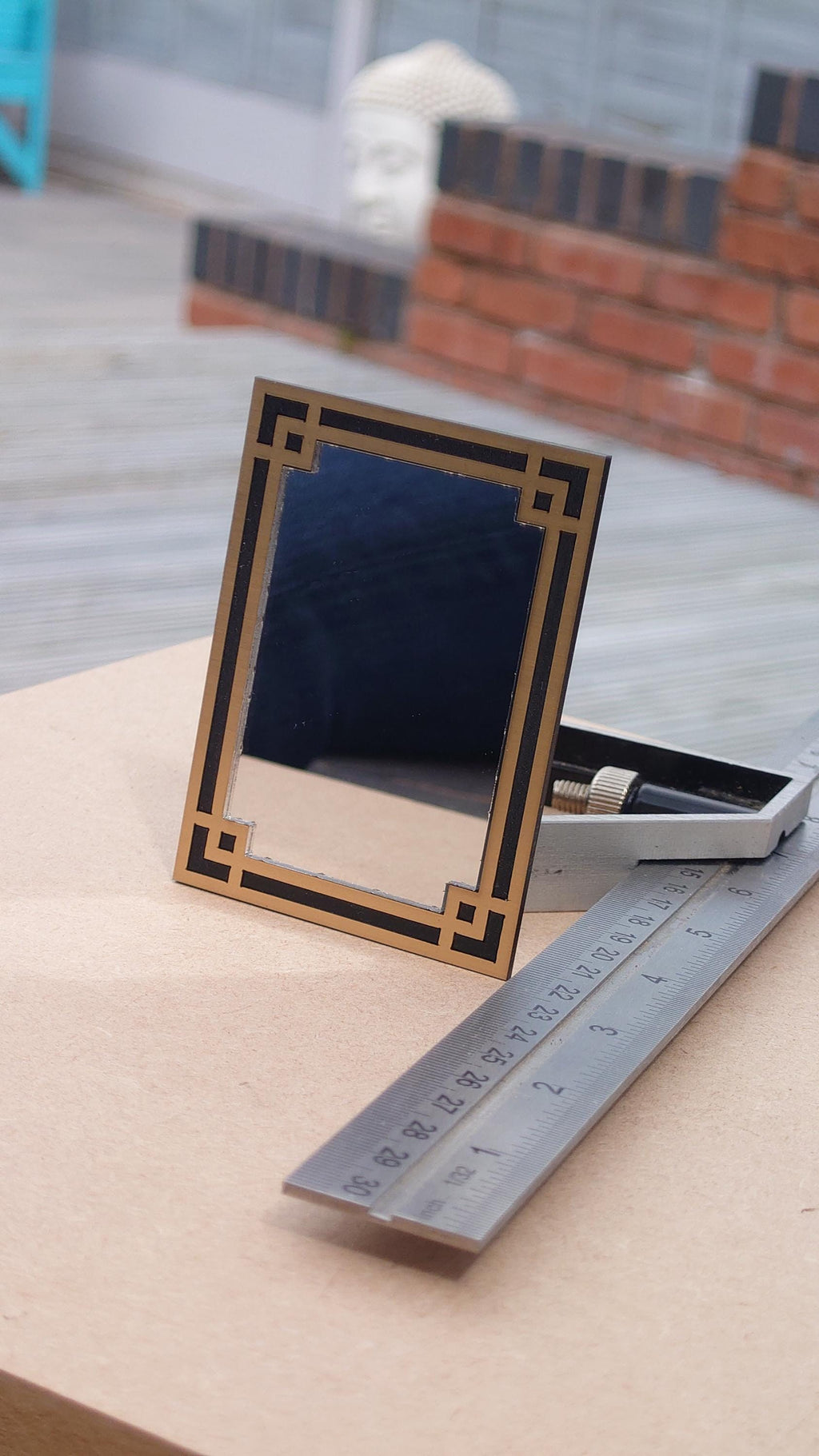 Art Deco Dollhouse Mirror, 1:12 Scale, Brushed Gold & Black Frame
