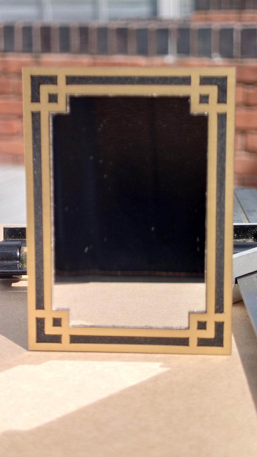 Art Deco Dollhouse Mirror, 1:12 Scale, Brushed Gold & Black Frame